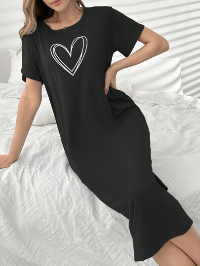 Minimalist Heart Printed Sleep Pajama Dress, Moo view 3
