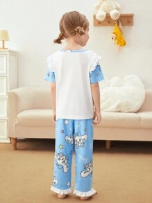 Ensemble décontracté 3 pièces pour jeune fille imprimé lapin bleu et blanc avec pantalon long, short et haut de détente