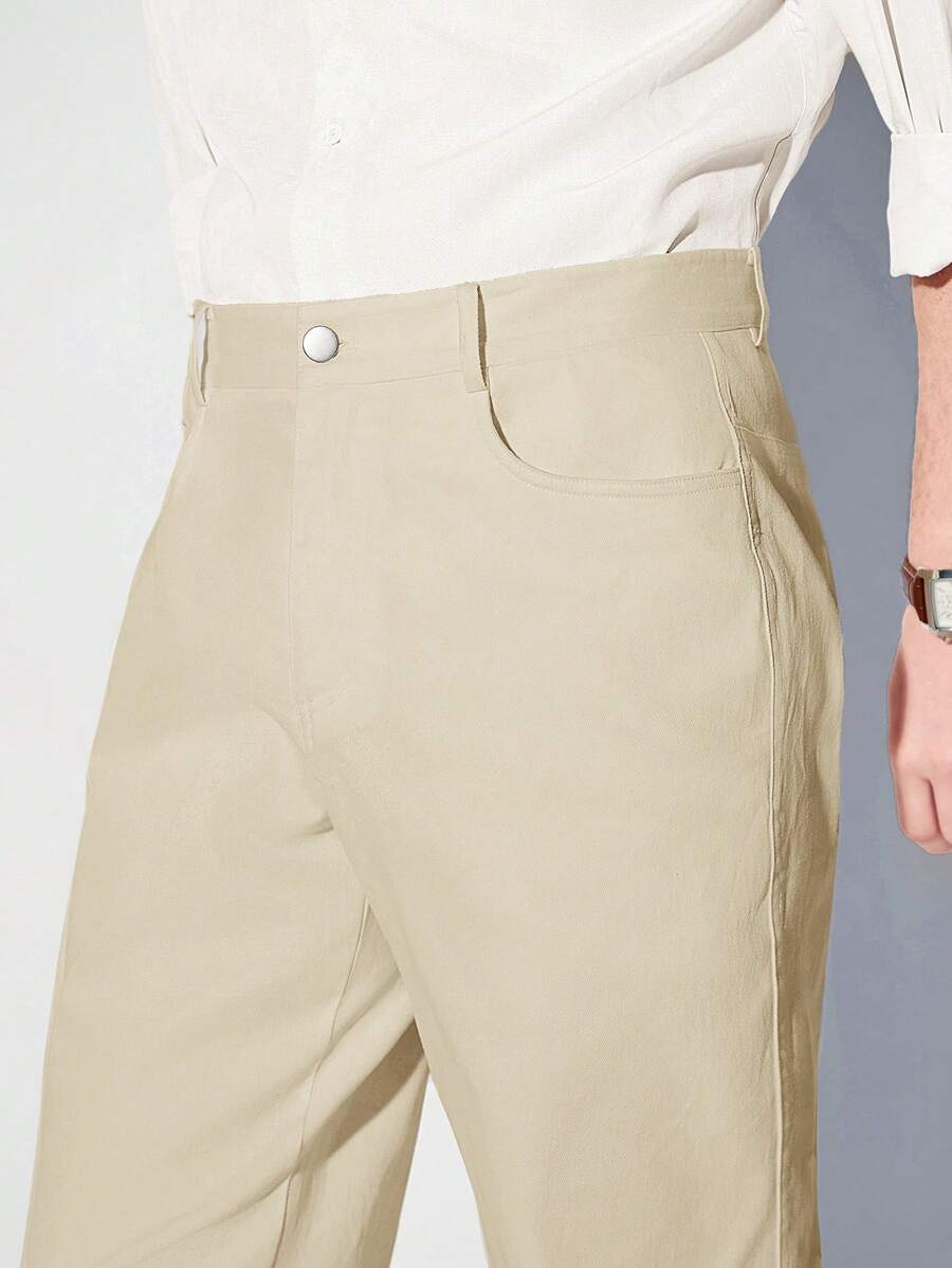 AKNOTIC Business Casual Quần dệt ống suông màu trơn đơn giản và thời trang cho nam - Màu be - Xem 1