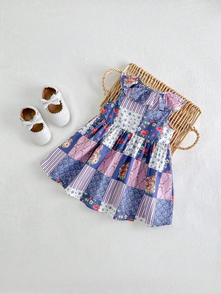 Baby Girl Casual Colorful Floral Pattern Round Neck Ruffle Trim Pullover Waist-Tied Dress