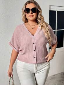 INAWLY Women's Plus Size Solid Color Simple Daily Short Sleeve Shirt - Baby Pink - View 1