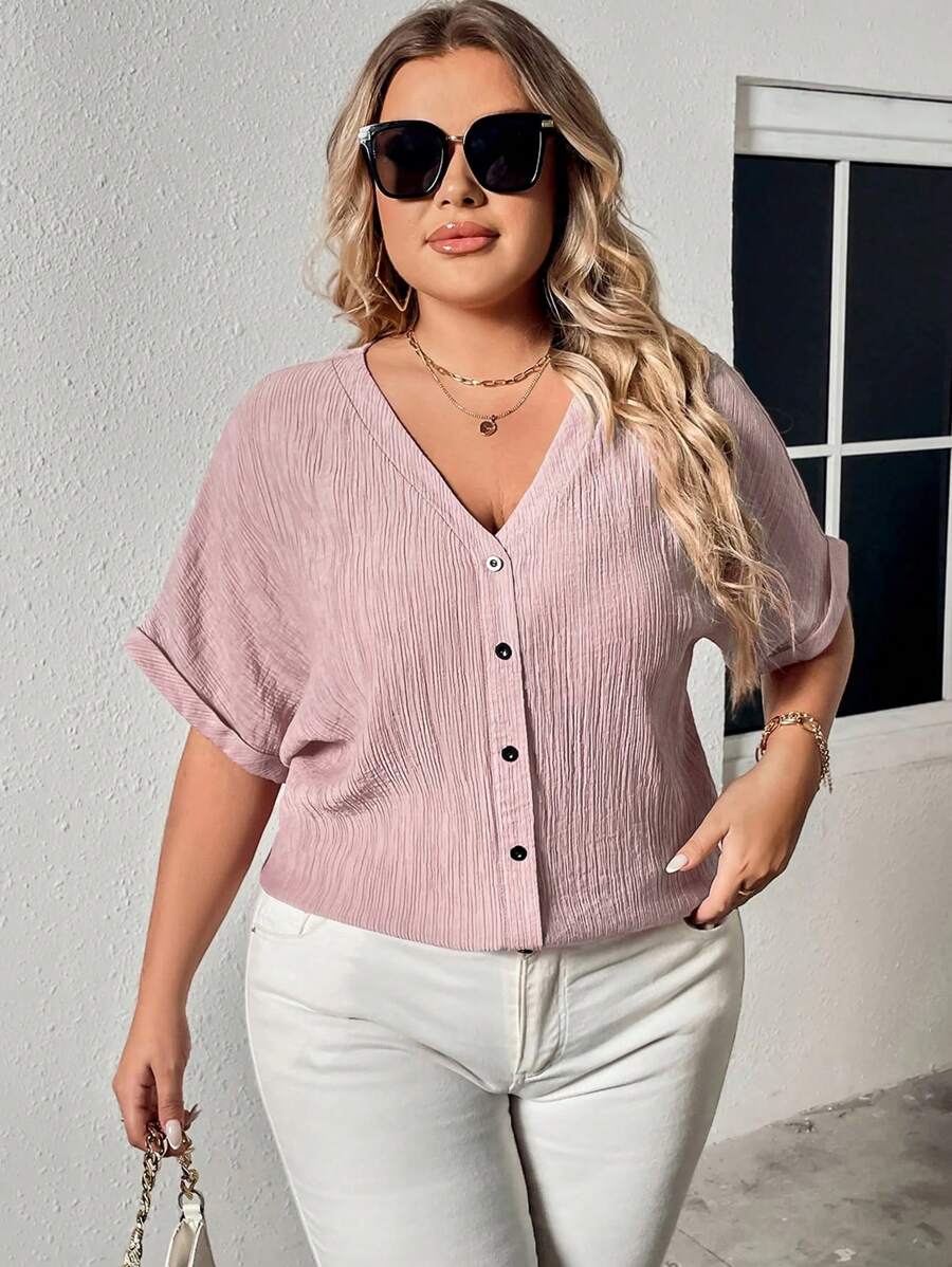 INAWLY Women's Plus Size Solid Color Simple Daily Short Sleeve Shirt - Baby Pink - View 1