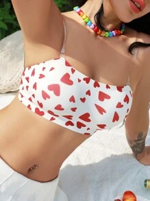 Women's Jelly Strapless Bra, Heart Printed Anti-Slip Bandeau Bra - Red and White - View 1