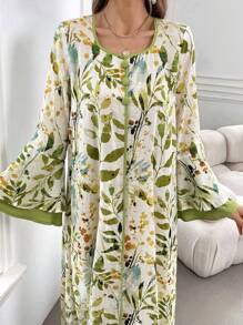 Al Najma 女式优雅长款阿拉伯印花朴素连衣裙，喇叭袖，植物图案 - 彩色 - 查看 5