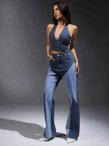 Denimoi Jeans con piernas acampanadas y cintura alta en bloques de color