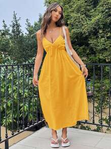 SHEIN EZwear Summer Casual V-Neck Spaghetti Strap Swing Dress For Vacation - Yellow - View 4
