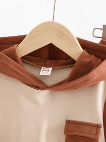 Cozy Pixies Baby Boy's Color Block Short Sleeve Hooded Pullover And Casual Shorts Set With Front Pocket - Apricot - View 3