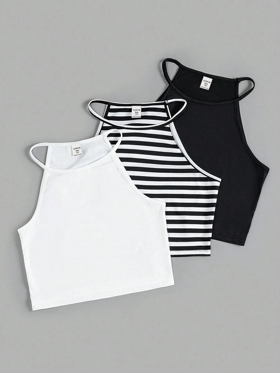 SHEIN Teen Girl Knitted Black And White Stripe Solid Color Casual Top 3pcs Set