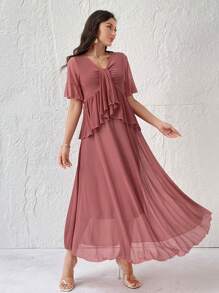 Modelyn 女士簡約純色透明網紗上衣裙子套裝，日常穿著 - 粉色 - 查看 7