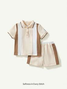Cozy Pixies 嬰兒男女多色針織柔軟半鈕短袖衣服，休閒短褲套裝。全搭配多用途，適合在家、外出和度假的夏季穿著，與韓國、日系、英美休閒風格相搭配。 - 杏色 - 查看 7