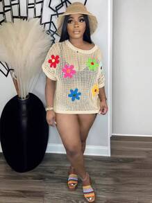 S391189 Floral Short Sleeve Pullover Top With Round Neck - Khaki - View 3