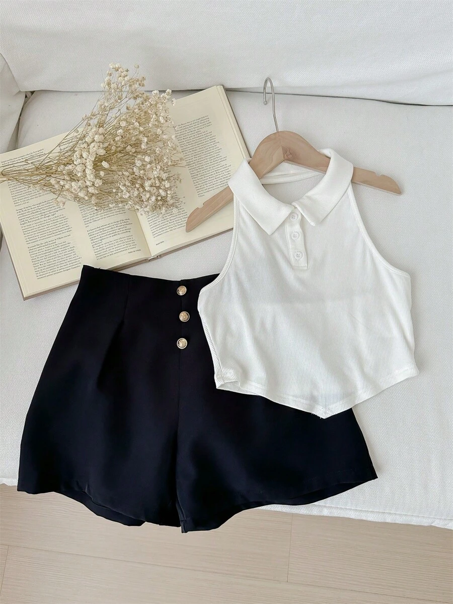 Tween Girl Elegant Sleeveless Halter Neck Top And Pants Set With Backless Design - Black and White - View 1