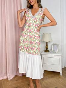 Valentines Women'S Color Block Floral Printed Splice Lace Sleep Dress Pajama Dress - Pink - View 4