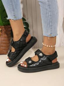 优雅女士休闲魔术贴凉鞋，时尚拖鞋，百搭平底水钻沙滩鞋，春夏穿搭 - 黑色 - 查看 5