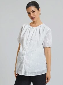 MaterniChic Camisa de maternidad elegante para trabajar y madura con cuello redondo y manga corta con botonadura frontal