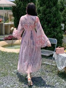 DAZY Vestido de manga larga con estampado floral simple para uso diario, conjunto de ropa de vacaciones con volantes para mujeres en Pascua - Rosa - Ver 5