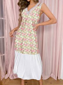 Valentines Women'S Color Block Floral Printed Splice Lace Sleep Dress Pajama Dress - Pink - View 5
