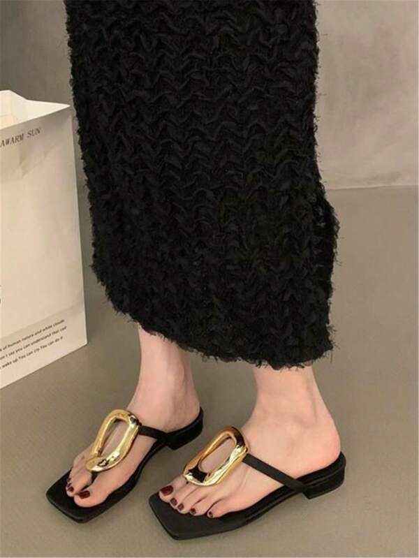 Women's New Arrival Gold Square Buckle Slip-On Sandals, Flat Casual Square Toe Flip-Flop Slippers For Summer