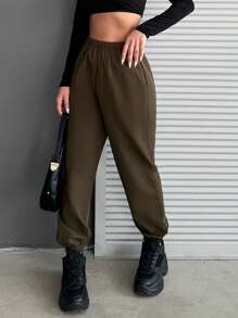 RueChic Elastic Waist Slant Pocket Pants - Brown - View 3