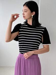 FRIFUL Women's Round Neck Color Block Striped Printed Casual Knit Top - Black and White - View 6