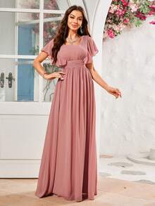 Vestidos De Dama De Honor Con Cuello Corazón Y Mangas Con Volantes De Tela De Gasa - Rosa - Ver 4