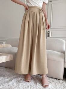 DAZY 女士高腰飘逸阔腿休闲商务裤、返校服、教师裤 - 杏色 - 查看 5