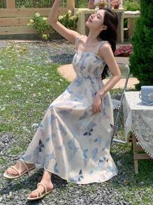 DAZY Women's Fashionable Floral Print Halterneck Dress With Cinched Waist Summer Cruise Women Outfits Sundress Vacation Outfits Women - Blue - View 3