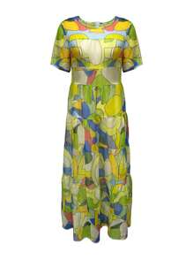 SHEIN Clasi 女式全身印花圆领荷叶边下摆短袖连衣裙，夏季