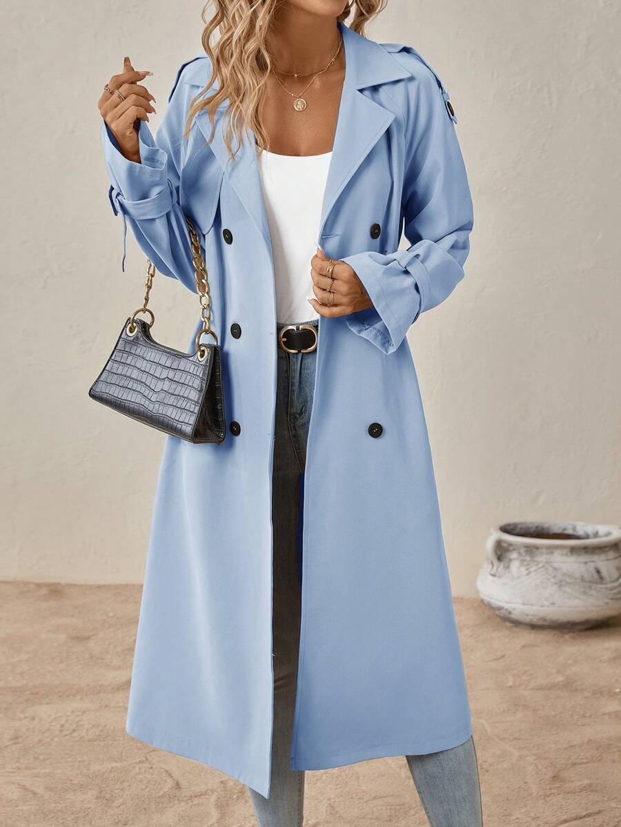 SHEIN Clasi Ladies' Double-Breasted Casual Long-Sleeved Trench Coat In Fall/Winter - Baby Blue - View 1