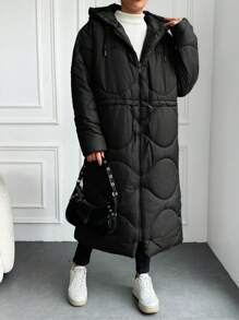 EURMUSE Drawstring Waist Zipper Front Hooded Puffer Coat - Black - View 5