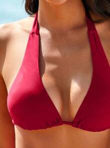 Swim Vcay 2pcs/Set Women's Solid Color Halter Tie Sexy Bikini Set Summer - Red - View 3