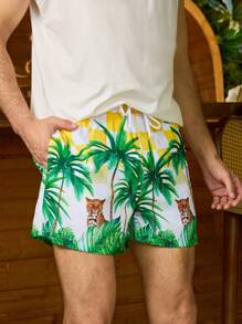 Surfspeed Herren Beach Shorts mit Palmen- und Leoparden Muster und Binde-Taille für lockere Passform im Urlaub - Gelb - Übersicht 3