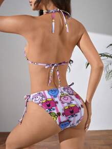 Mr Men Little Miss X SHEIN 女士針織卡通和條紋印花露肩比基尼套裝 - 彩色 - 查看 2