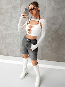 SHEIN EZwear 女款寬鬆伯米達牛仔短褲，附口袋 - 灰色 - 查看 3