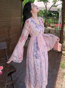 DAZY Vestido de manga larga con estampado floral simple para uso diario, conjunto de ropa de vacaciones con volantes para mujeres en Pascua - Rosa - Ver 3