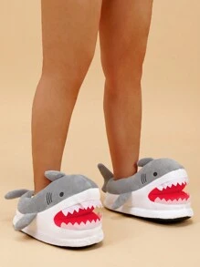 趣味鲨鱼图案拖鞋，保暖舒适，软底，静音防滑，女士家居拖鞋，秋冬季 - 灰色 - 查看 3