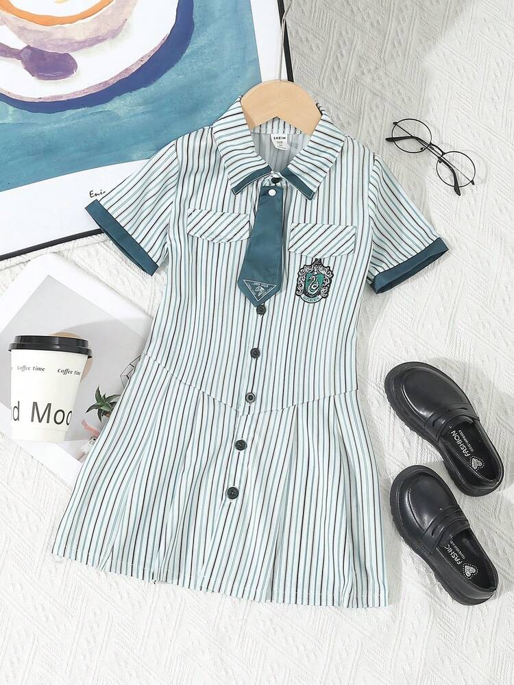 Young Girl 1pc Casual Short Sleeve Collared Green Striped A-Line Dress With Button Front And Cinched Waist, Summer