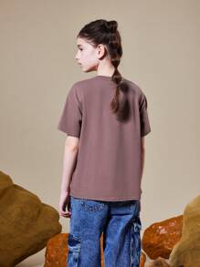 THE FLINTSTONES | SHEIN Camiseta casual de manga corta y talla amplia con personaje de dibujos animados y estampado de letras para niña preadolescente, verano