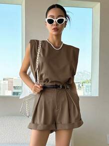 DAZY Bộ đồ nữ gồm áo không tay cổ tròn màu trơn và quần short, trang phục thường ngày mùa hè, bộ hai mảnh mặc nhà cho nữ. - màu nâu - Xem 5