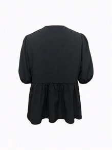 Pariaura Solid Color Casual Pleated Lapel Tie-Front Puff Sleeve Women's Shirt Peplum Top - Black - View 3