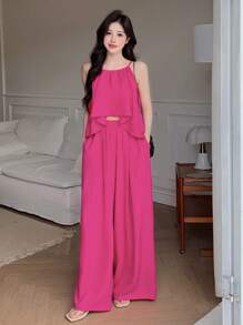 DAZY 2pcs Women's Sleeveless Tank Top And Casual Long Pants Set Cruise Outfit For Women - Hot Pink - View 3