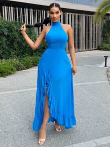 SHEIN SXY 女性單色簡約露肩夏季日常連衣裙 - 藍色 - 查看 5