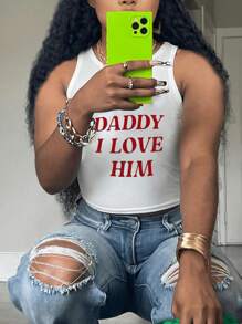 SHEIN Camiseta sin mangas de cuello redondo con estampado de letra para uso casual de verano en tallas grandes, PERO PAPI YO LO AMO Gráfico de camisetas para mujer