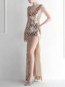 Top de escote en V con flecos de cuentas y hombros descubiertos de lentejuelas divididas - Dorado - Ver 4