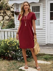 EMERY ROSE 夏季V領舒適寬鬆短袖連衣裙 - 酒紅色 - 查看 4