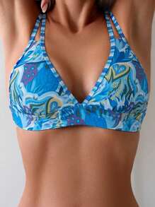 SHEIN Swim Summer Beach Allover Print Spaghetti Strap Bikini Top, Random Print - Blue - View 3