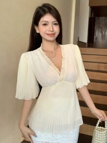 DAZY 女士雪纺短袖衬衫裙，适合派对、返校活动，荷叶边 - 米色 - 查看 6