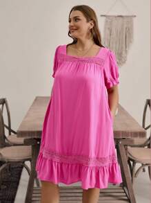 SHEIN VCAY Plus Size Women's Plain Simple Daily Short Sleeve Dress - Purple - View 3