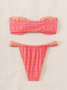 Swim Vcay 女士热带植物印花抹胸扭结性感比基尼套装，印花随机夏季 - 彩色 - 查看 4