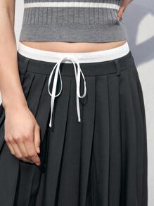 Maija 女士夏季校園風色彩撞色高腰百褶裙 - 藏蓝色 - 查看 7